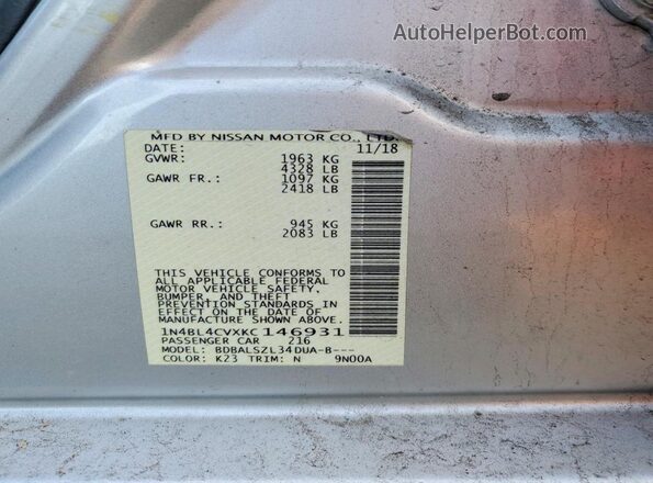 1N4BL4CVXKC146931 2019 NISSAN ALTIMA Silver ძრავის განყოფილების ხედი