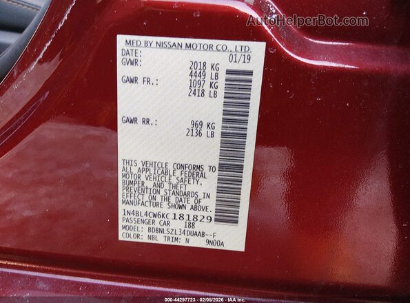 1N4BL4CW6KC181829 2019 NISSAN ALTIMA Red Widok komory silnika