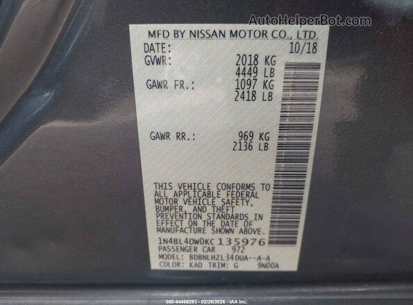 1N4BL4DW0KC135976 2019 NISSAN ALTIMA Серый Вид подкапотного пространства