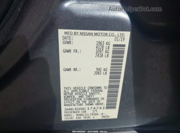 1N4BL4EVXKC174743 2019 NISSAN ALTIMA Серый Вид подкапотного пространства