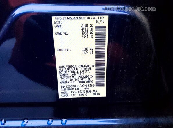 1N4BZ0CP0HC304856 2017 NISSAN LEAF Синий Вид наклейки с VIN-кодом
