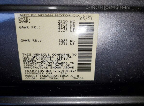 1N4BZ1BV3MC554432 2021 NISSAN LEAF Gray Widok naklejki z numerem VIN
