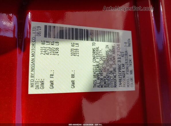 1N4BZ1CP8KC317304 2019 NISSAN LEAF Красный Вид подкапотного пространства