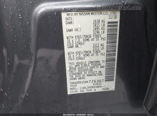 1N6AD0EV1KN726367 2019 NISSAN FRONTIER Gray Widok komory silnika