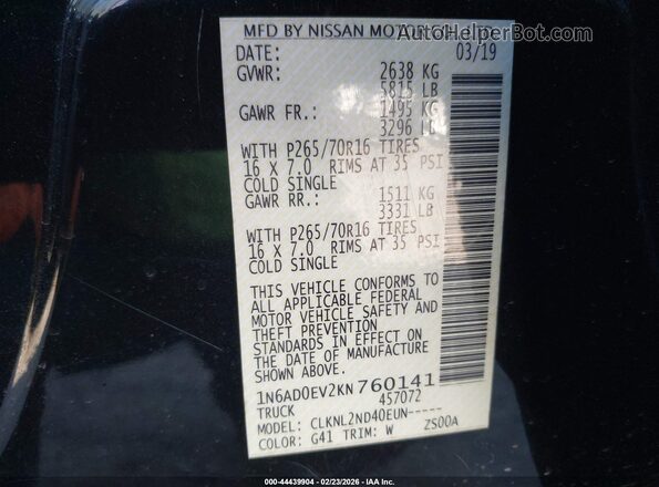 1N6AD0EV2KN760141 2019 NISSAN FRONTIER Black Widok komory silnika