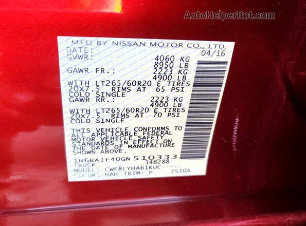 1N6BA1F40GN510333 2016 NISSAN TITAN Burgundy Widok komory silnika