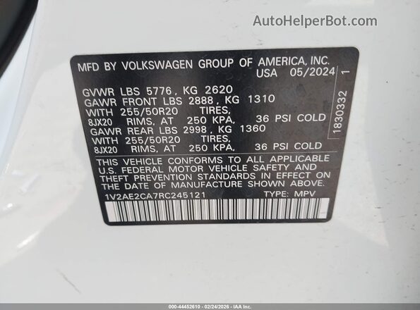 1V2AE2CA7RC245121 2024 VOLKSWAGEN ATLAS Белый Вид подкапотного пространства