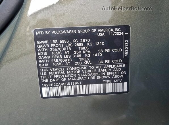 1V2CR2CA4SC513951 2025 VOLKSWAGEN ATLAS Зеленый Вид наклейки с VIN-кодом