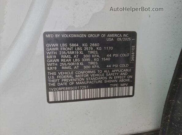 1V2CRPE86SC017251 2025 VOLKSWAGEN ID.4 Белый Вид наклейки с VIN-кодом
