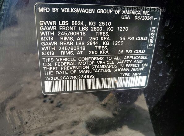 1V2DE2CA7RC234892 2024 VOLKSWAGEN ATLAS Черный Вид наклейки с VIN-кодом