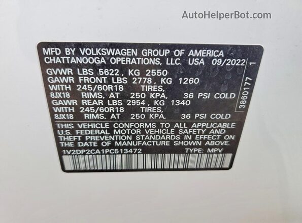 1V2DP2CA1PC513472 2023 VOLKSWAGEN ATLAS White Vista de la etiqueta del VIN