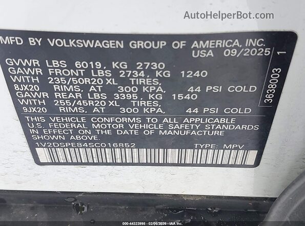 1V2DSPE84SC016852 2025 VOLKSWAGEN ID.4 Белый Вид подкапотного пространства