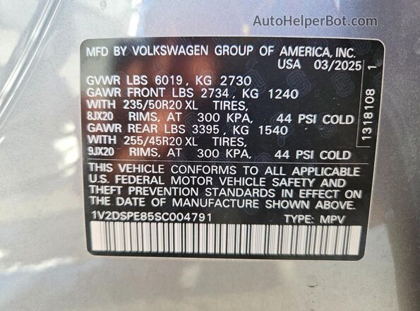 1V2DSPE85SC004791 2025 VOLKSWAGEN ID.4 Серебряный Вид наклейки с VIN-кодом
