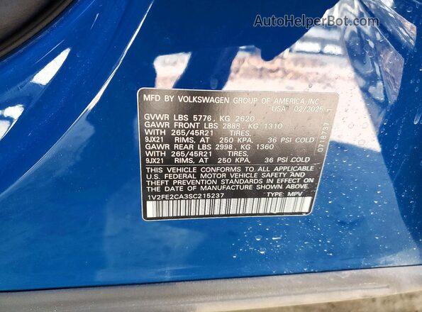 1V2FE2CA3SC215237 2025 VOLKSWAGEN ATLAS Blue Widok naklejki z numerem VIN