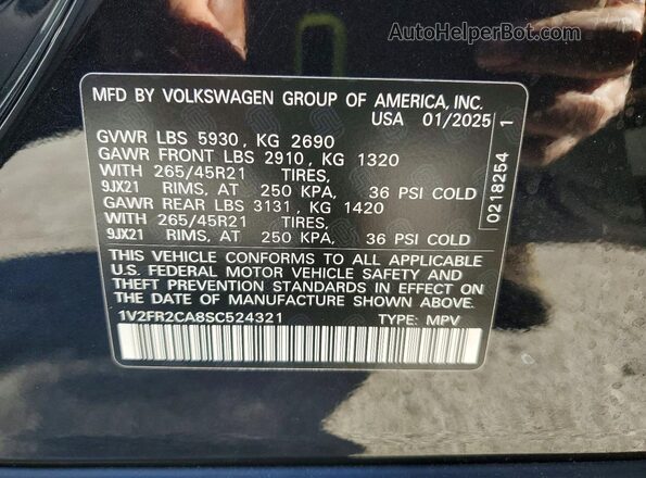 1V2FR2CA8SC524321 2025 VOLKSWAGEN ATLAS Черный Панорамный вид салона 360°