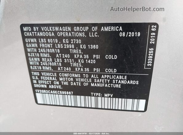 1V2GR2CA5KC595867 2019 VOLKSWAGEN ATLAS Silver Vista del compartimento del motor