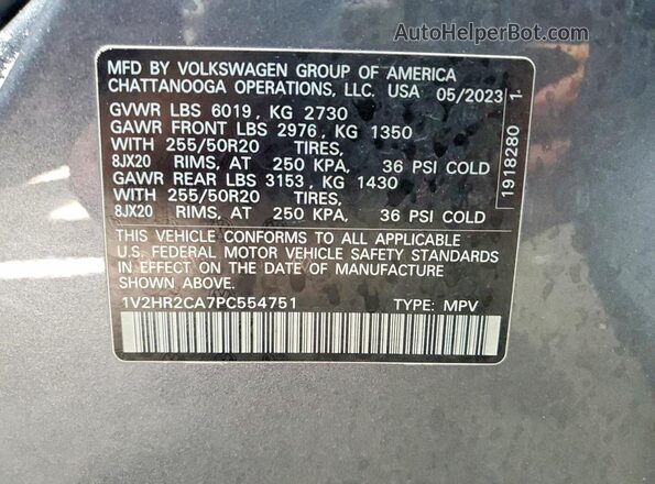 1V2HR2CA7PC554751 2023 VOLKSWAGEN ATLAS Gray VIN კოდის სტიკერის ხედი