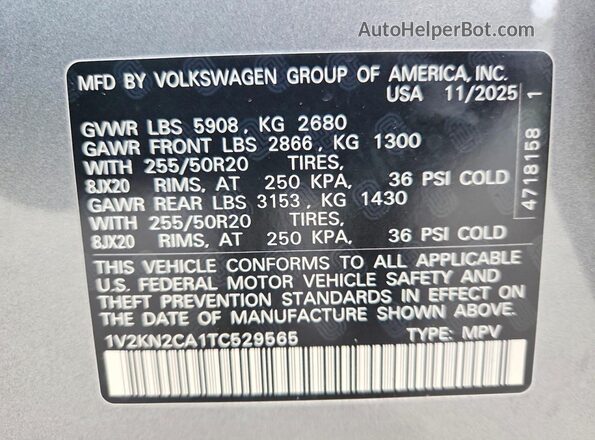 1V2KN2CA1TC529565 2026 VOLKSWAGEN ATLAS Серебряный Вид наклейки с VIN-кодом