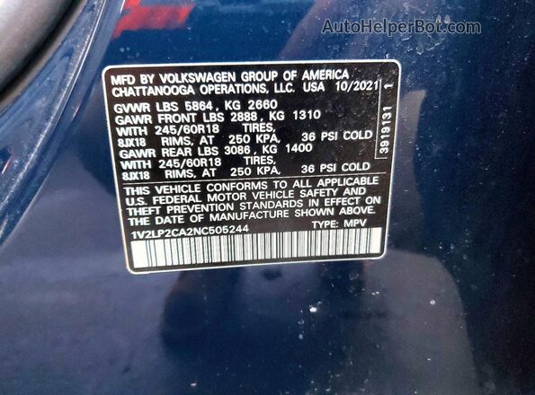 1V2LP2CA2NC505244 2022 VOLKSWAGEN ATLAS Синий Вид наклейки с VIN-кодом