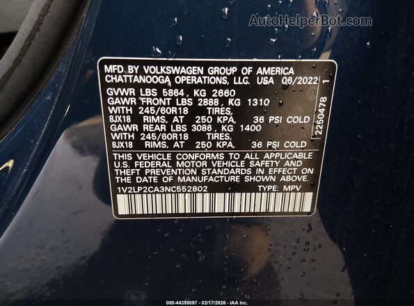 1V2LP2CA3NC552802 2022 VOLKSWAGEN ATLAS Синий Вид подкапотного пространства