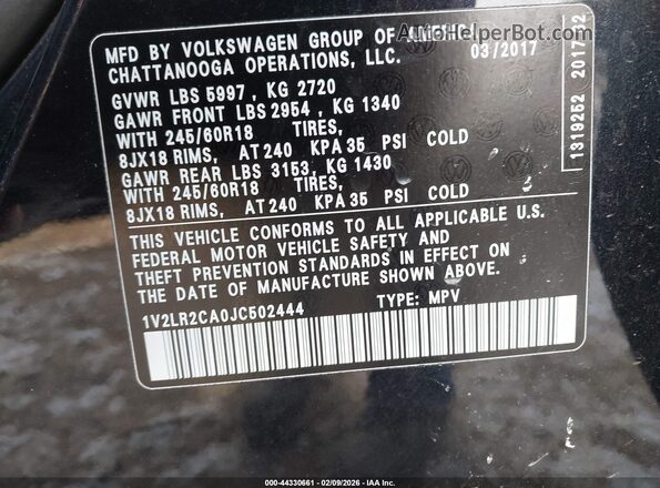 1V2LR2CA0JC502444 2018 VOLKSWAGEN ATLAS Black Շարժիչի բաժամունքի տեսք