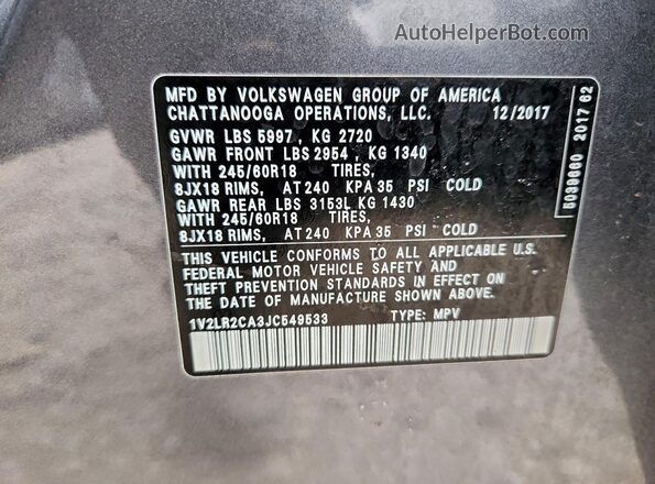 1V2LR2CA3JC549533 2018 VOLKSWAGEN ATLAS Серый Вид наклейки с VIN-кодом