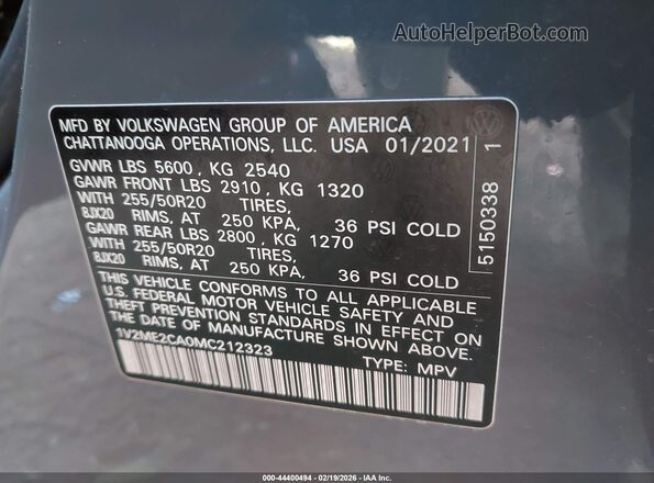 1V2ME2CA0MC212323 2021 VOLKSWAGEN ATLAS Серый Вид подкапотного пространства
