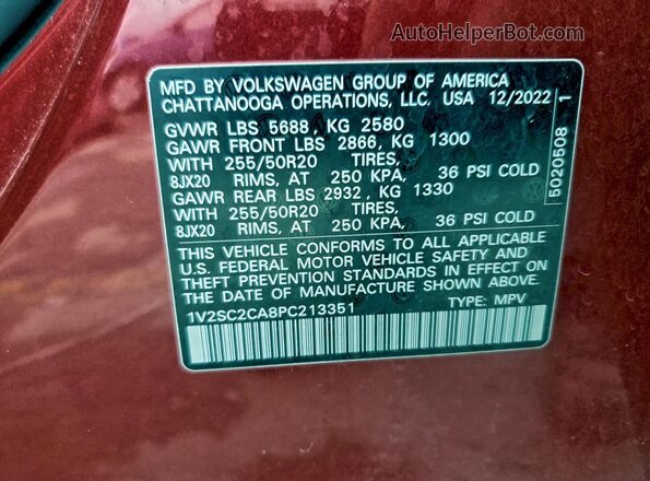 1V2SC2CA8PC213351 2023 VOLKSWAGEN ATLAS Red VIN կոդի պիտակի տեսք