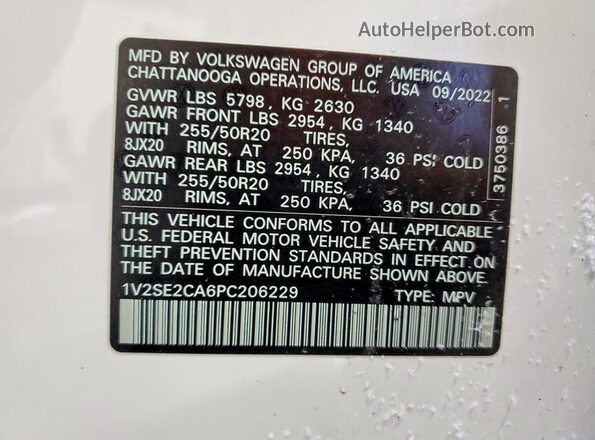 1V2SE2CA6PC206229 2023 VOLKSWAGEN ATLAS White VIN sticker view