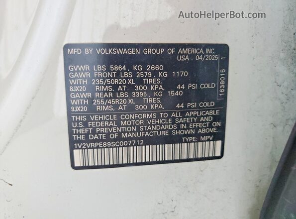 1V2VRPE89SC007712 2025 VOLKSWAGEN ID.4 White Вид наклейки з VIN-кодом