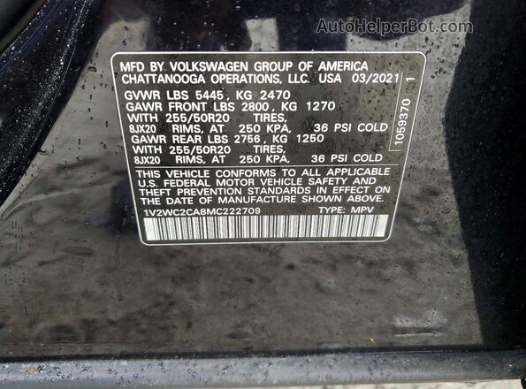 1V2WC2CA8MC222709 2021 VOLKSWAGEN ATLAS Черный Вид наклейки с VIN-кодом