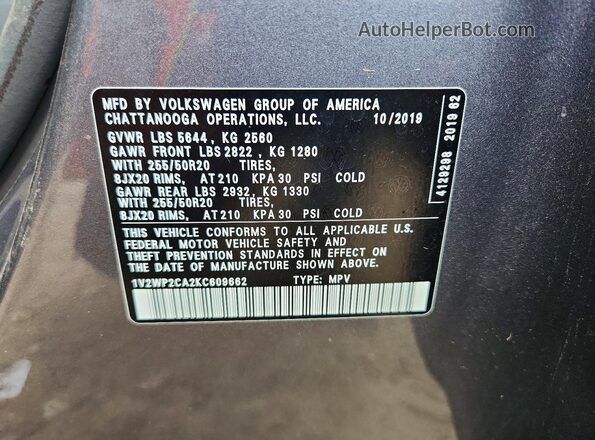 1V2WP2CA2KC609662 2019 VOLKSWAGEN ATLAS Угольный Вид наклейки с VIN-кодом