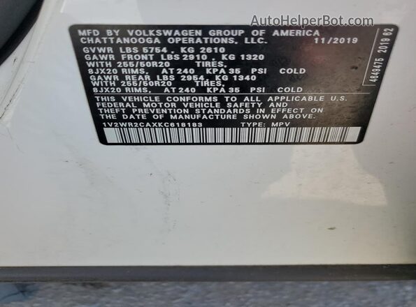 1V2WR2CAXKC618183 2019 VOLKSWAGEN ATLAS Белый Вид наклейки с VIN-кодом