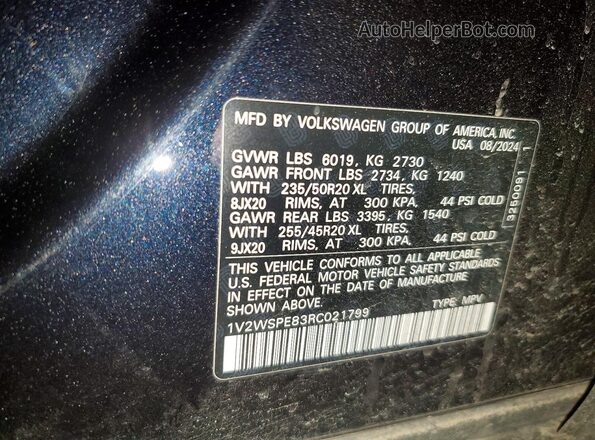 1V2WSPE83RC021799 2024 VOLKSWAGEN ID.4 Черный Вид наклейки с VIN-кодом