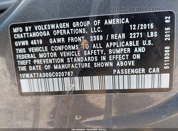 1VWAT7A30GC020767 2016 VOLKSWAGEN PASSAT Серый Вид подкапотного пространства