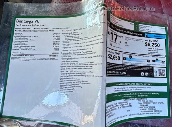 SJAAM2ZV1KC026676 2019 BENTLEY BENTAYGA Белый Вид наклейки с VIN-кодом