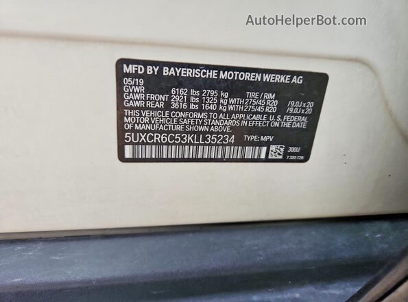 5UXCR6C53KLL35234 2019 BMW X5 Белый Панорамный вид салона 360°