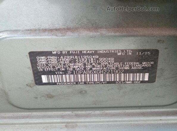 JF1GPAB6XGH221902 2016 SUBARU IMPREZA Зеленый Вид наклейки с VIN-кодом