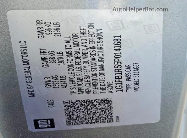 1G1FB1RS5P0141681 2023 CHEVROLET CAMARO Серебряный Вид наклейки с VIN-кодом
