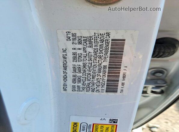 1HGCV1F13KA091896 2019 HONDA ACCORD White VIN კოდის სტიკერის ხედი