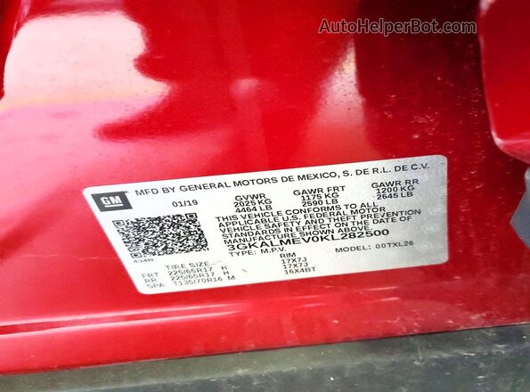 3GKALMEV0KL282500 2019 GMC TERRAIN Красный Вид наклейки с VIN-кодом