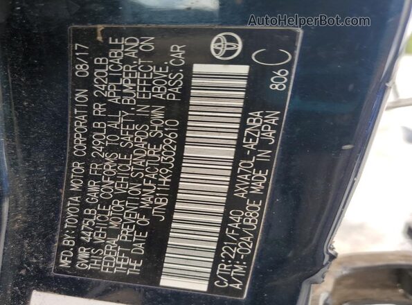 JTNB11HK9J3029610 2018 TOYOTA CAMRY Синий Вид наклейки с VIN-кодом