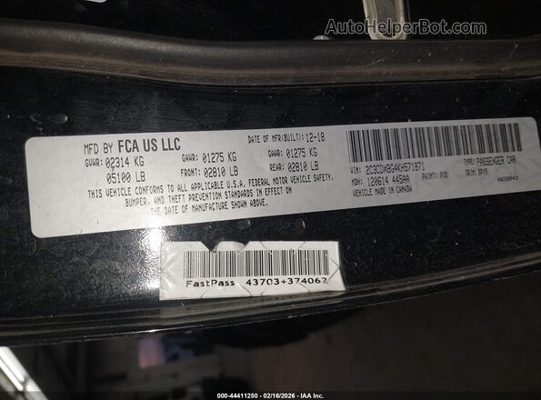 2C3CDXBG4KH571871 2019 DODGE CHARGER Черный Вид подкапотного пространства