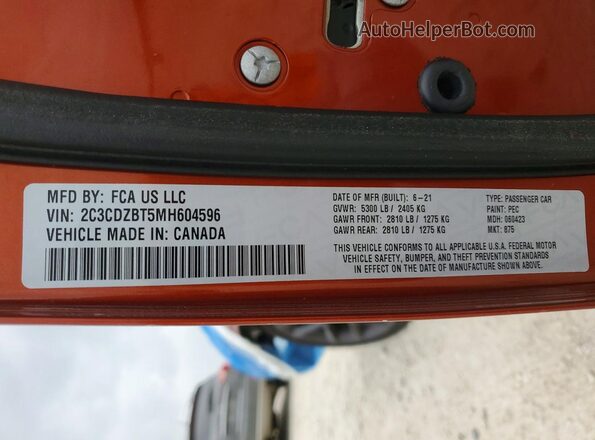 2C3CDZBT5MH604596 2021 DODGE CHALLENGER Orange Vista de la etiqueta del VIN