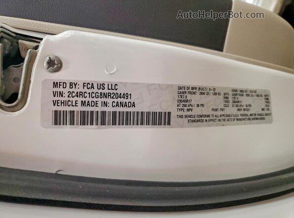 2C4RC1CG8NR204491 2022 CHRYSLER VOYAGER White Widok naklejki z numerem VIN