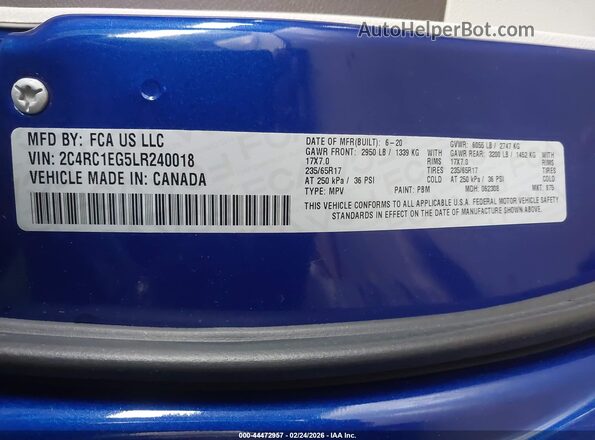 2C4RC1EG5LR240018 2020 CHRYSLER PACIFICA Синий Вид подкапотного пространства