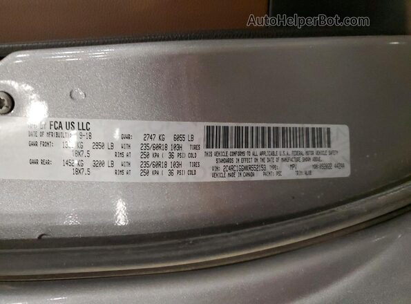2C4RC1GGXKR552153 2019 CHRYSLER PACIFICA Серебряный Вид наклейки с VIN-кодом