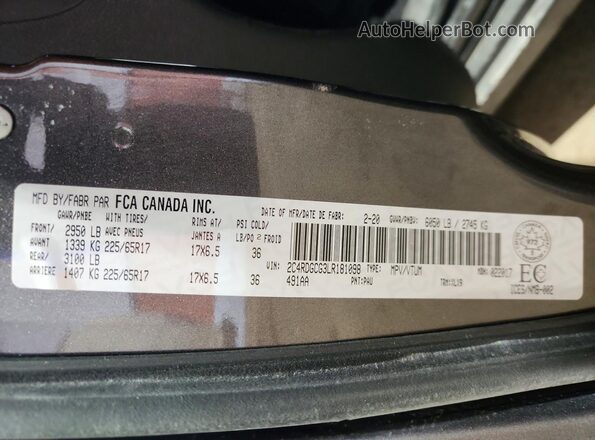 2C4RDGCG3LR181098 2020 DODGE GRAND Gray Widok naklejki z numerem VIN