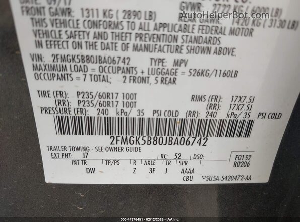 2FMGK5B80JBA06742 2018 FORD FLEX Серый Вид подкапотного пространства