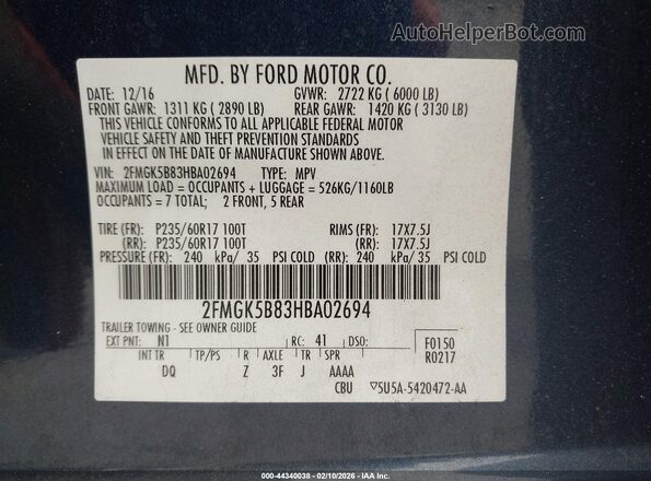 2FMGK5B83HBA02694 2017 FORD FLEX Синий Вид подкапотного пространства
